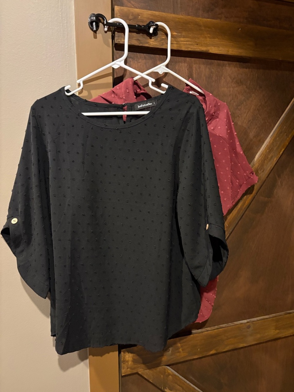 Textured Roll-Sleeve Blouse - Black and maroon